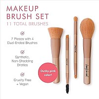 Beauty For Real Makeup Brush Set - Matte Pink, 7-Piece Set with 11 Total Brushes - Synthetic, Soft, Non-Shedding Bristles - Compact Size - Travel Bag Included - Vegan - 4.5 oz