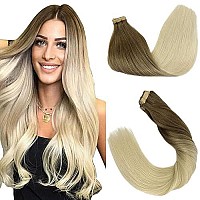 Goo Goo Tape In Hair Extensions 22 Inch Ombre Ash Brown To Platinum Blonde Remy Human Hair Extensions Straight 20Pcs 50G Balayage Natural Real Human Hair Extensions Straight