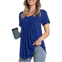 Longyuan Womens Tops Dressy Short Sleeve Leggings Casual Pleated Blouse Solid Flare Royal Blue Large