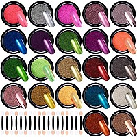 Duufin 22 Colors Nail Chrome Powder Metallic Nail Powder For Mirror Effect Nails Art Decoration With 22 Pcs Eyeshadow Sticks, 1Gjar