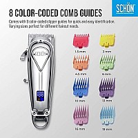 SCHON Cordless Rechargeable Hair Clipper and Trimmer for Men, Women, Children - Solid Stainless Steel Electric Buzzer with Precision Blades, Hair Cutting Kit with 8 Color-Coded Guide Combs