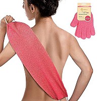 Evridwear Exfoliating Back Scrubber With Handles Two Sides For Body Shower Deep Cleans Skin Massages Invigorating Blood Circulation Men Women One Size (Back Scrubber + Heavy Gloves Pink)