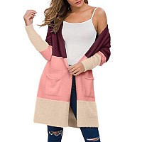 Qixing Womens Casual Open Front Knit Cardigans Plush Fuzzy Sweater Coat With Pockets Color Stitching