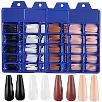 Addfavor 400Pcs Coffin Press On Nails Ballerina Fake Nail Tips Long Full Cover Acrylic False Nails For Women Girls Nail Art Diy Decoration (Balck, White, Pink Coffee)