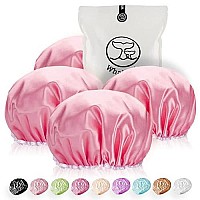 Shower Cap For Women Reusable Extra Large Shower Cap For Men (Pink 4 Pack Large) Satin Double Layer Eva Waterproof Long Hair Cap