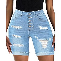 Utyful Women Stretch Ripped Bermuda Denim Shorts Distressed Knee Length Short Jeans Roll Hem-Light Blue Medium