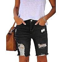 Utyful Women Stretch Ripped Bermuda Denim Shorts Distressed Knee Length Short Jeans Roll Hem-Light Blue Medium