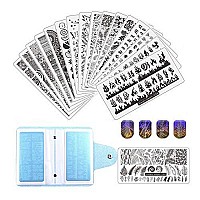 Fingerangel 21Pcs Nail Stamp Plate Set 16Pcs Mix Design Stamping Nail Art Plate + 2Nail Stamper + 2Scraper+1Pcs Case Nails Art Stamping Plate Scraper Stamper Set Leaves Flowers Nail Plate V17-32