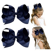 Deeka 2 Pcs 6 Big Hand-Made Grosgrain Ribbon Solid Color Hair Bows Alligator Clips Hair Accessories For Little Teen Toddler Girls Kids Set Of 2 -Navy Blue