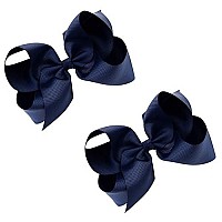 Deeka 2 Pcs 6 Big Hand-Made Grosgrain Ribbon Solid Color Hair Bows Alligator Clips Hair Accessories For Little Teen Toddler Girls Kids Set Of 2 -Navy Blue