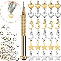 Pagow 71 Pcs Dangle Nail Art Charms, Nail Jewelry Rings With Nail Piercing Tool Hand Drill For Tips, Acrylic, Gels And Decorations