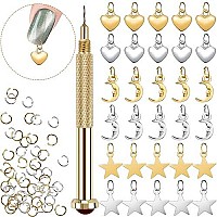 Pagow 71 Pcs Dangle Nail Art Charms, Nail Jewelry Rings With Nail Piercing Tool Hand Drill For Tips, Acrylic, Gels And Decorations