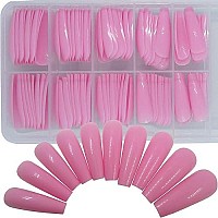 100Pc Extra Long Pink Colored Coffin Press On Nails Ballerina False Fake Acrylic Nail Tips Full Cover Fingernail Designs Artificial Nails For Women Girls Salon Nail Art Diy (Pink)