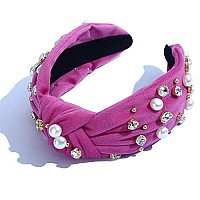 Fedans Pearly Crystal Knotted Women Headband Luxury Pink Jeweled Embellished Top Hairband Fashion Elegant Ladies Hair Band