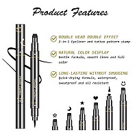 Lokfar 6 Pcs Double-Headed Liquid Eyeliner Stamp Pen Set, Eye Liners For Women Waterproof Eyeliner Pencil Black Eye-Liner Stencils Long-Lasting Tattoo Makeup-Triangle, Star, Moon, Heart, Flower, Smiley