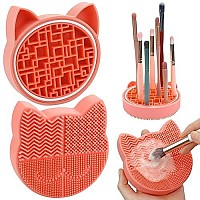 Makeup Brush Cleaning Mat with Drying Holder for Sink- Christmas Silicone Washing Cosmetic Brush Cleaner Pad (Orange)