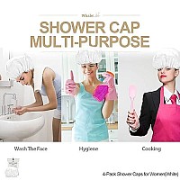 Shower Cap For Women Reusable Extra Large Shower Cap For Men (White 4 Pack Large) Satin Double Layer Eva Waterproof Long Hair Cap