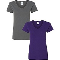 Gildan Womens Heavy Cotton V-Neck T-Shirt 2-Pack Lrg-Charcoal-Purple