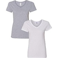 Gildan Womens Heavy Cotton V-Neck T-Shirt 2-Pack 2Xl-Sportgray-White