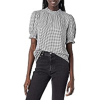 Zabiva Essentials Womens Fluid Twill Short Puff Sleeve Smock Detail Shirt, Blackwhite, Gingham, X-Small