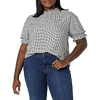 Zabiva Essentials Womens Fluid Twill Short Puff Sleeve Smock Detail Shirt, Blackwhite, Gingham, X-Small