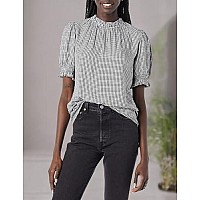 Zabiva Essentials Womens Fluid Twill Short Puff Sleeve Smock Detail Shirt, Blackwhite, Gingham, X-Small