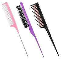 3 Pieces Hair Styling Comb Set, Includes Hair Brush Teasing Fluffy Hair Brush, Rat Tail Comb Teasing Comb And Triple Teasing Comb For Women Back Combing Hair (Purple And Black, Pink, Red And Black)