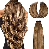 Lacer Hair Rooted Balayage Tape In Hair Extensions Real Remy Human Hair Chocolate Brown To Strawberry Blonde Highlights With Chocolate Brown Roots Tape In Natural Hair 20Pcs 50G 14 Inch