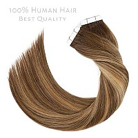 Lacer Hair Rooted Balayage Tape In Hair Extensions Real Remy Human Hair Chocolate Brown To Strawberry Blonde Highlights With Chocolate Brown Roots Tape In Natural Hair 20Pcs 50G 14 Inch