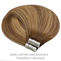 Lacer Hair Rooted Balayage Tape In Hair Extensions Real Remy Human Hair Chocolate Brown To Strawberry Blonde Highlights With Chocolate Brown Roots Tape In Natural Hair 20Pcs 50G 14 Inch