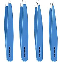 Utopia Care - Professional Stainless Steel Tweezers Set (4-Piece) - Precision Tweezers For Ingrown Hair, Facial Hair, Splinter, Blackhead And Tick Remover (Blue)