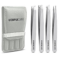 Utopia Care - Professional Stainless Steel Tweezers Set (4-Piece) - Precision Tweezers For Ingrown Hair, Facial Hair, Splinter, Blackhead And Tick Remover (Blue)