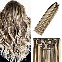 Windtouch Clip In Hair Extensions Balayage Medium Brown To Blonde Highlights 15Inch 70G Human Hair 7Pcs 4P613 Gift For Women