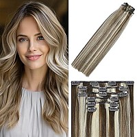 Windtouch Clip In Hair Extensions Balayage Medium Brown To Blonde Highlights 15Inch 70G Human Hair 7Pcs 4P613 Gift For Women