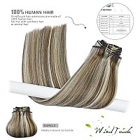 Windtouch Clip In Hair Extensions Balayage Medium Brown To Blonde Highlights 15Inch 70G Human Hair 7Pcs 4P613 Gift For Women