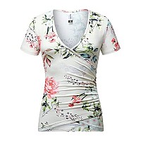 Beauhuty Summer Floral Tops Womens Plus Size Sexy Deep V Neck Ruched T-Shirts Wrap Short Sleeve Tees (Xxl, Short-Floral White)