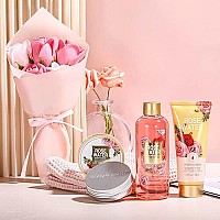 Bath Spa Gift Set For Women - Spa Gift Baskets For Women, 5 Piece Mothers Day Gifts For Women With Rose Scented Shower Gel, Body Scrub, Body Lotion, Hand Soap And More