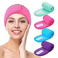 Facial Spa Headbands 4Pcs, Makeup Shower Bath Wrap Sport Headband Terry Cloth Stretch Towel With Magic Tape (Blue, Mint Green, Purple, Rose)