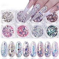 Holographic Nail Glitter Flakes Nails Supply Mermaid Powder Nail Art Decorations Shiny 3D Nail Sequins DIY Manicure Charms Design Acrylic Nails Supplies Glitter Nail Art Set (8 Boxes)