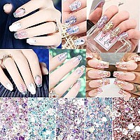 Holographic Nail Glitter Flakes Nails Supply Mermaid Powder Nail Art Decorations Shiny 3D Nail Sequins DIY Manicure Charms Design Acrylic Nails Supplies Glitter Nail Art Set (8 Boxes)