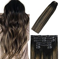 Clip In Hair Extensions Human Hair Balayage Natural Black To Chestnut Brown 18Inch 70G 1Bt6P1B 7Pcs