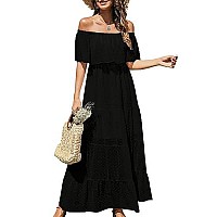 Kirundo 2023 Womens Summer Off Shoulder Maxi Dresses Swiss Dot Short Sleeve Ruffle Tiered High Waist Flowy Long Dress(Small, B-Black)