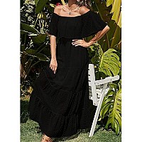 Kirundo 2023 Womens Summer Off Shoulder Maxi Dresses Swiss Dot Short Sleeve Ruffle Tiered High Waist Flowy Long Dress(Small, B-Black)