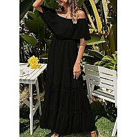 Kirundo 2023 Womens Summer Off Shoulder Maxi Dresses Swiss Dot Short Sleeve Ruffle Tiered High Waist Flowy Long Dress(Small, B-Black)