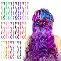 Beahot 32 Pcs Colored Clip In Hair Extensions, 17 Inch Rainbow Long Curly Wavy Hairpieces Clip In Synthetic, Halloween Cosplay Dress Up Fashion Party Christmas New Year Gift For Women Kids Girls