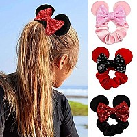 JOYFISCO 3 Pack Mouse Ears Scrunchies Velvet Hair Scrunchies Sequin Bows Hair Ties Hair Bands Ponytail Holder Hair Accessories for Women Girls Adult Kids