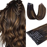 Hotbanana Seamless Clip In Hair Extensions 16 Inch 130G 7Pcs Dark Brown Mixed Chestnut Brown Clip In Remy Human Hair Extensions Straight Hair Invisible Pu Skin Weft