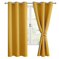 Hiasan Blackout Curtains For Bedroom And Living Room, Light Blocking, Noise Reducing Window Curtain Panels, Tiebacks Included, Set Of 2, Grommet Top (Mustard Yellow, Width 42 Inch X Length 72 Inch)