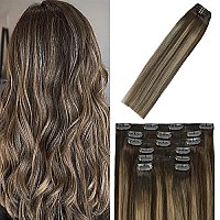 Clip In Hair Extensions Human Hair Chocolate Brown To Dark Blonde Ombre Highlights For Brown Hair 15Inch 70G 4T27P4 Remy Hair 7Pcs