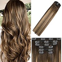 Clip In Hair Extensions Human Hair Chocolate Brown To Dark Blonde Ombre Highlights For Brown Hair 15Inch 70G 4T27P4 Remy Hair 7Pcs